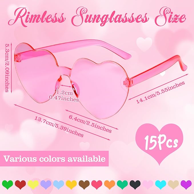 PLULON Heart Sunglasses for Women 5/12/25 Pcs, Heart Glasses Valentine Day Rimless Shaped Candy Color Fun Glasses Party Favor