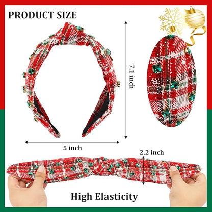 2 Pcs Christmas Headbands for Women Pearl Rhinestone Knot Headband Crystal Jeweled Hair Band Wide Top Knotted Headband Christmas Hair Accessories Holiday Party Outfits Decorations(Snowflake Plaid)