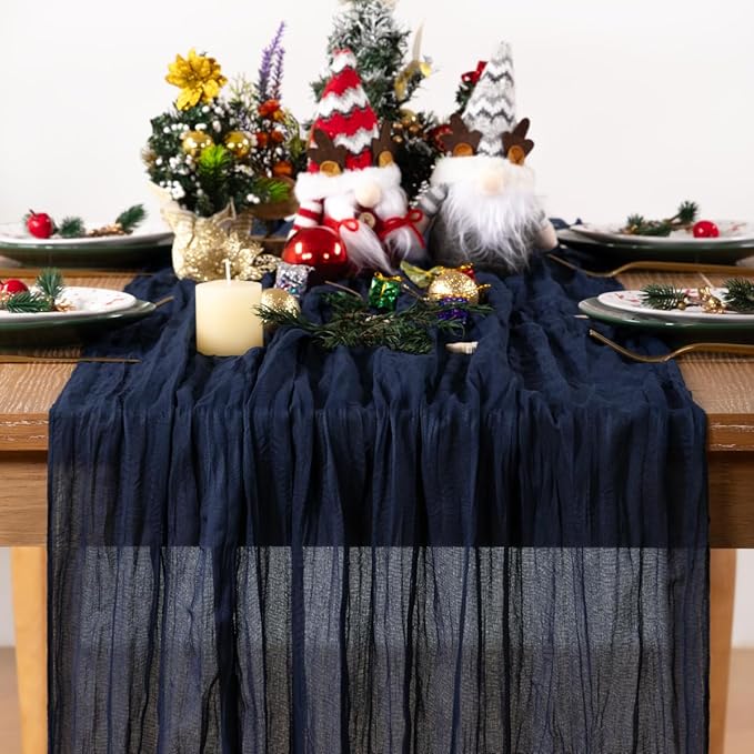Navy Blue Cheesecloth Table Runner 6 Pack Christmas Table Runners Boho Gauze 120 Inches Navy Cheese Cloth Table Decor for Xmas Holiday Season Parties Wedding Bridal Baby Shower