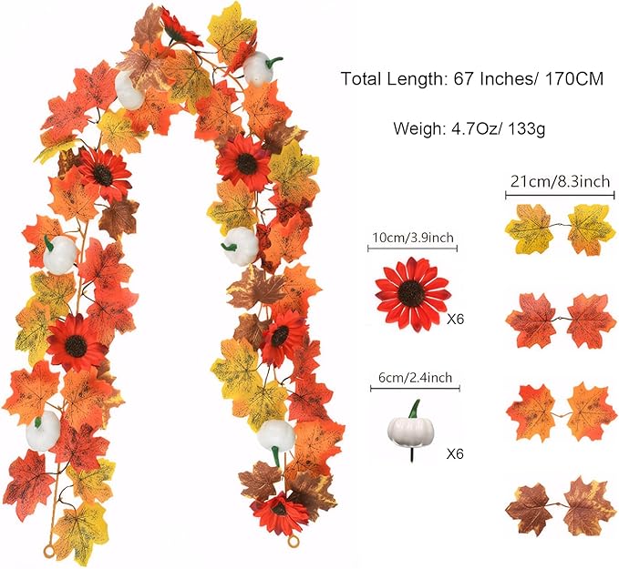 3 Pack Fall Garland for Mantle - 5.6Ft Artificial Maple Vine with Pumpkins & Sunflowers, Autumn Fall Decor for Fireplace Thanksgiving Halloween Wedding Farmhouse Indoor Outdoor Porch Decoration