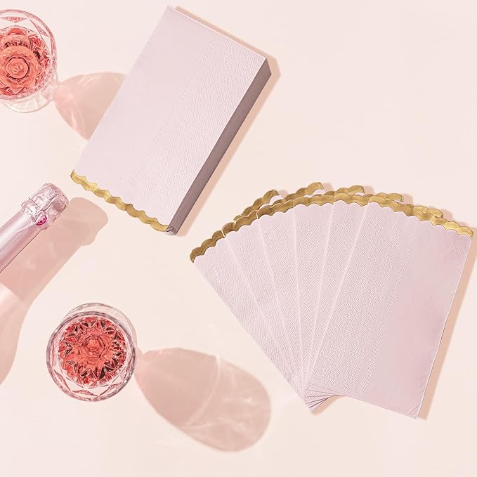 50 Pink Paper Napkins Decorative, Gold Foil Scalloped Edged Guest Napkins Disposable, Dinner Napkins for Wedding, Shower Baby, Birthday Parties Supplies(4 x 8 In, Pink)