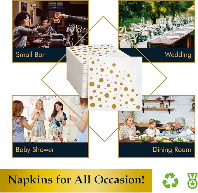 Vplus 100 Pack Cocktail Napkins Paper, 3-Ply Beverage Napkins, Disposable Gold Square Napkins, Perfect for Restaurant, Event, Bar, Wedding, Baby Shower and Birthday Party