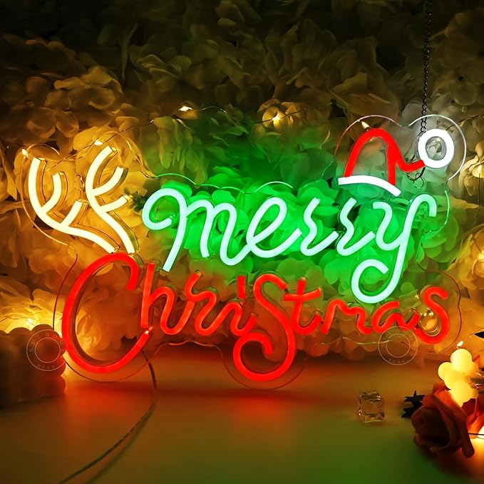 SYLHOME Merry Christmas Led Neon Light Sign Santa Hat Christmas Tree Party Home Bedroom Wall Sign Decor Backdrop Xmas 15.75" X 9.8" USB Colorful