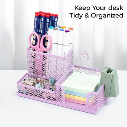 M&G Mesh Pen Holder Desk Organizers Pencil Holder for Desk Purple, 3 Compartments Metal Office Supply Organizer with Sticky Notes Holder for Home Office
