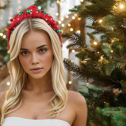 2 Pcs Christmas Headbands for Women Pearl Rhinestone Knot Headband Xmas Crystal Jeweled Hair Band Bow Wide Top Knotted Headband Christmas Hair Accessories Holiday Party Outfits(Pearl Rhinestone)