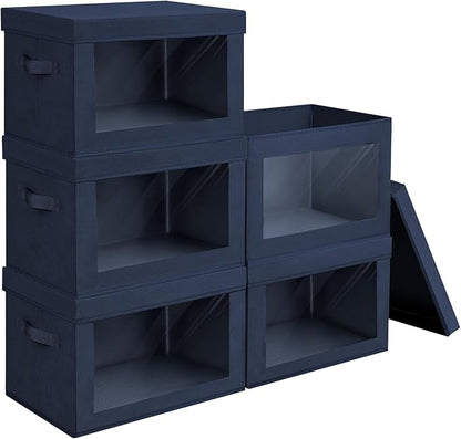 Stackable Storage Bins with Lids - Medium Storage Box with Lids, Foldable Closet Boxes for Organizing, Wardrobe Clothes Organizer with Window, Cubes Bins for Living Room, 5 Pack, Navy Blue