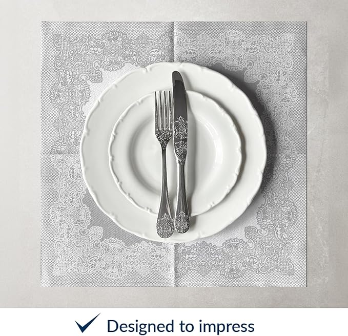 PAW - 50 Pieces Linen-Feel Paper Napkins 16" x 16", Disposable Cloth-Like Napkins with Reverse Silver Lace Design, Dinner Napkins for Party, Wedding, Christmas