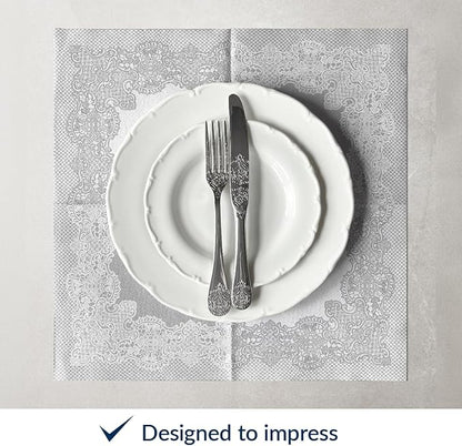 PAW - 50 Pieces Linen-Feel Paper Napkins 16" x 16", Disposable Cloth-Like Napkins with Reverse Silver Lace Design, Dinner Napkins for Party, Wedding, Christmas