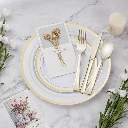 BESTVIP 900PCS Gold Dinnerware Set for 150 Guests, Plastic Plates for Party, 150 Gold Disposable Plates, 150 Dessert Plates, 150 Cups, 150 Spoons, 150 Forks and 150 Knives
