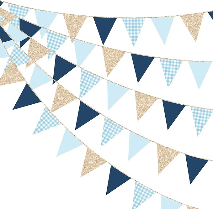Navy Blue Champagne Gold Dusty Blue Buffalo Plaid Pennant Banner Flag Hanging Glitter Paper Triangle Bunting for Birthday Baby Shower Wedding Bachelor Retirement Nautical Party Decorations Supplies