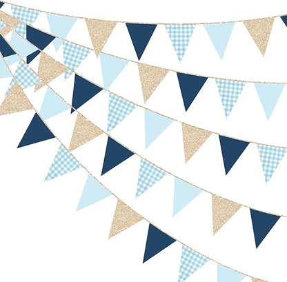 Navy Blue Champagne Gold Dusty Blue Buffalo Plaid Pennant Banner Flag Hanging Glitter Paper Triangle Bunting for Birthday Baby Shower Wedding Bachelor Retirement Nautical Party Decorations Supplies