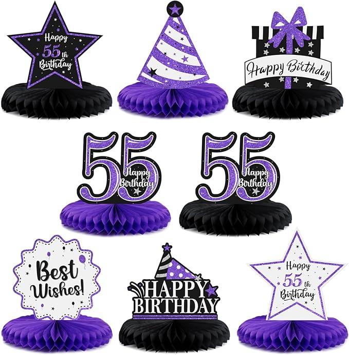 Happy 55th Birthday Decorations,55th Bday Purple Glitter Shiny Stand Honeycomb Table Centerpieces - Cheers to 55 Years Old Birthday Party Photoprop Gift Sign.