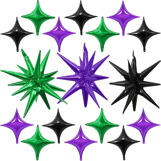 Black Purple Green Star Balloons - 22 inch Star Foil Mylar Balloons - 10 inch Four-Pointed and Pentagram Balloon for Birthday Party, Anniversary, Halloween Themed Party Decorations