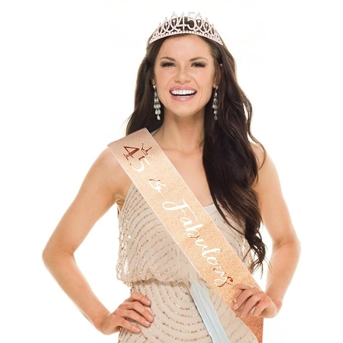 CIEHER 45th Birthday Crown and Sash, 45 & Fabulous Sash, 45th Birthday Decorations for Women - Rose Gold