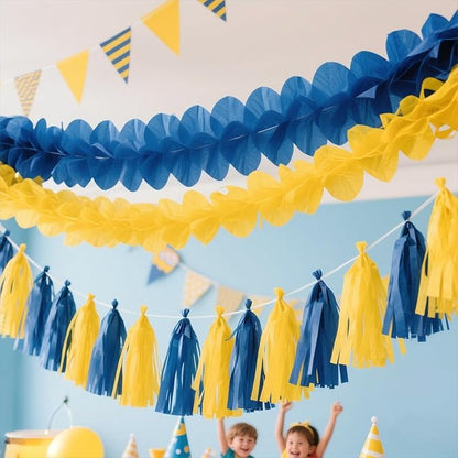 Navy Blue and Yellow Tissue Paper Tassels Party Tassel Garland Banner for Blue Yellow Party Decorations, DIY Kits,20PCS