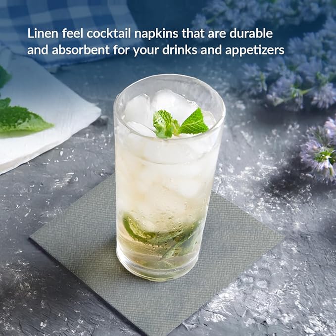 PAW - 100-Pack Disposable Linen-Feel Cocktail Napkins 4" x 4", Gray Premium Paper Napkins for Parties, Elegant Cloth-Like Beverage Napkins For Bars, Restaurants, Made in Europe