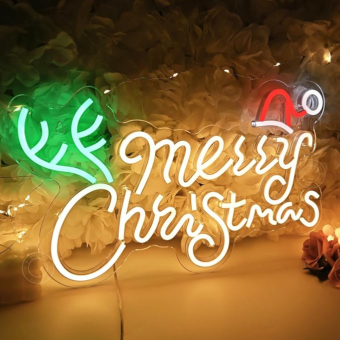 SYLHOME Merry Christmas Led Neon Light Sign Santa Hat Christmas Tree Party Home Bedroom Wall Sign Decor Backdrop Xmas Decor 15.75" X 9.8" USB Warm White