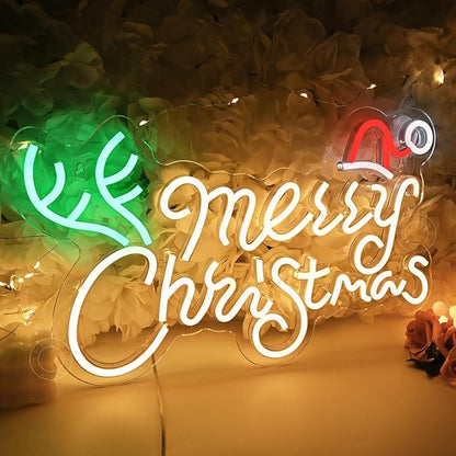 SYLHOME Merry Christmas Led Neon Light Sign Santa Hat Christmas Tree Party Home Bedroom Wall Sign Decor Backdrop Xmas Decor 15.75" X 9.8" USB Warm White
