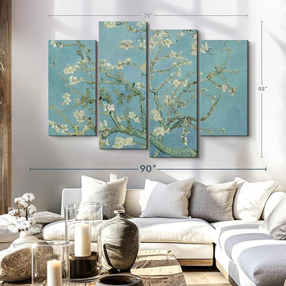 Elephant Stock Almond Blossoms Wall Art - Horizontal Canvas - 4-Piece Living Room Wall Decor - Flower Painting Canvas Print - Blue and Green Decor for Wall by Vincent Van Gogh - 75" X 48"