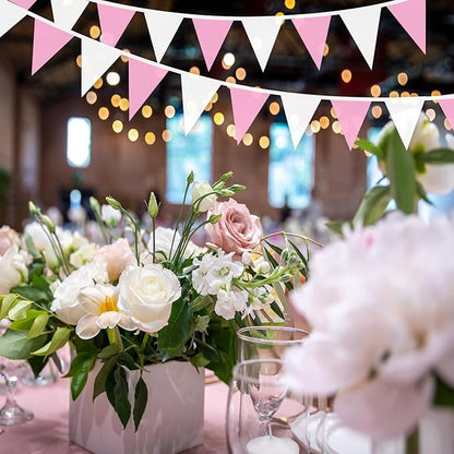 100Ft Pink and White Pennant Banner Flags String Fabric Triangle Bunting Flag,Party Decorations for Wedding,Kids Birthday,Home Outdoor Garden Hanging Festivals Decoration,60 Pcs