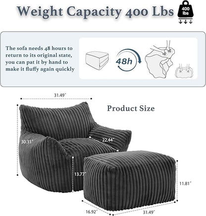 Oversized Bean Bag Chaise Lounge Chair Indoor for Adults with Armrests & Ottoman - Giant Comfy Gray Beanbag Floor Sofa Cloud Accent Chair for Reading, Gaming, Cozy Plush Cloud Mini Couch