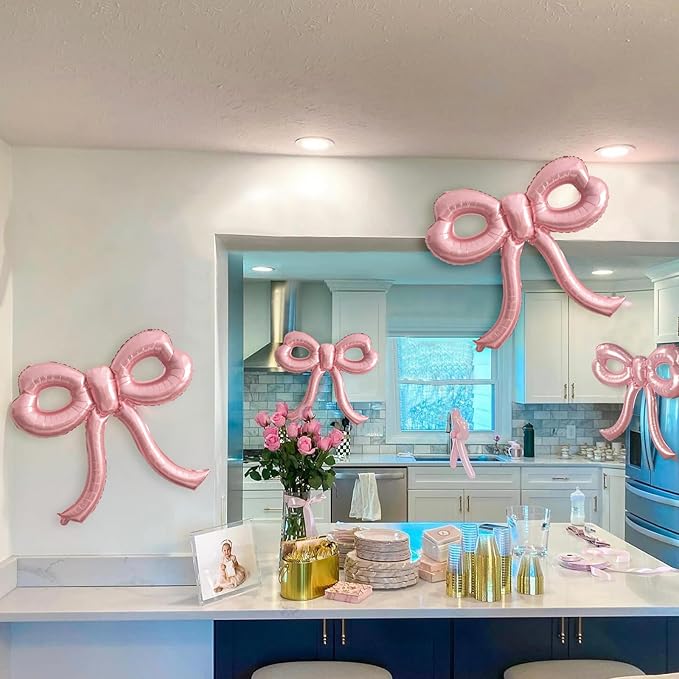 2 Pcs Pink Bow Balloons Bow Party Decorations for Girl Women Pink Bow Birthday Decorations Giant Foil Balloon for Baby Shower Bridal Engagement Wedding Decor Bachelorette Party Supplies