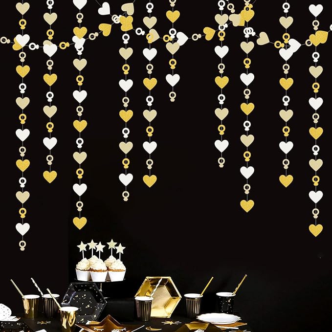 Engagement Bachelorette Party-Decorations White-Gold Garland - 52Ft Heart Ring Wedding Paper Streamers Banner, Galentines. Proposal Decor Lasting Surprise