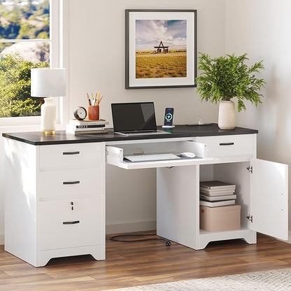 Bestier 59” Office Desk with Lockable Drawers, Modern Computer Desk with File Drawer, Charging Station & Drop-Front Keyboard Drawer, Executive Desk with Storage Cabinet for Home Office & Studio, White