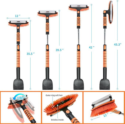 43.3'' Snow Shovel & Snow Brush with Ice Scrapers for Car Windshield,5-in-1 Extendable Thicken Aluminum Tube,180° Pivoting Brush Head & Foam Grip for Christmas, Cars, Trucks, SUVs, Vehicle(Orange