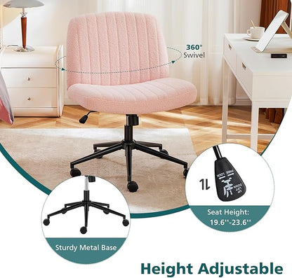 OLIXIS Criss Cross Chair with Wheels Wide Cross Legged Office Desk Vanity Chair Comfy Fabric Armless Adjustable Swivel for Home Computer Task Teddy Pink