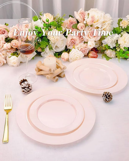 BESTSTAR 200PCS Pink Plastic Plates Set, 100 10.25 inch Dinner Plates and 100 7.5 inch Dessert Plates, Premium Disposable Plates for Party, Wedding