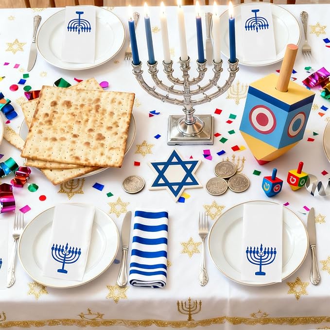 50 Pack Hanukkah Napkins - Blue and White Paper Napkins - Heavy Duty Cloth-Like Feel Napkin with Menorah Candles - Disposable Hand Towels for Kitchen Table Bathroom Holiday Decor