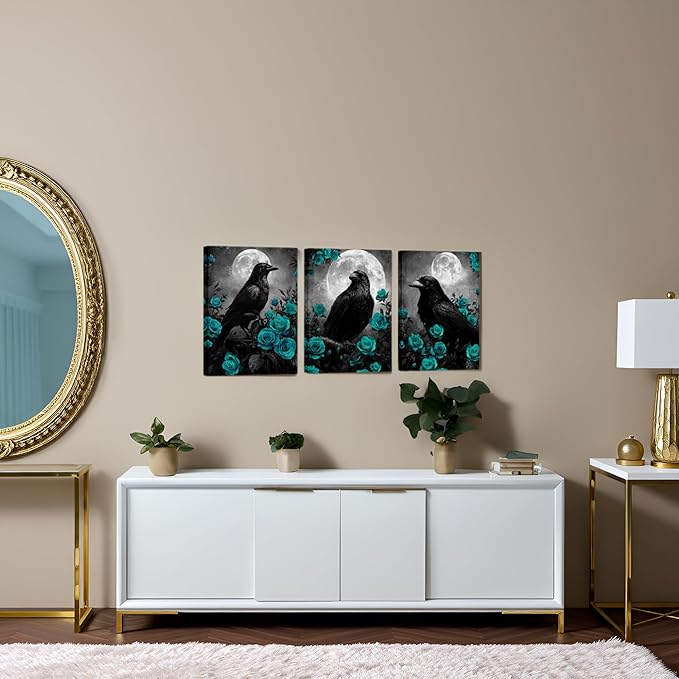 LevvArts Crow Canvas Wall Art Gothic Crow with Rose Painting Spooky Pictures Bathroom Bedroom Wall Decor (Teal)