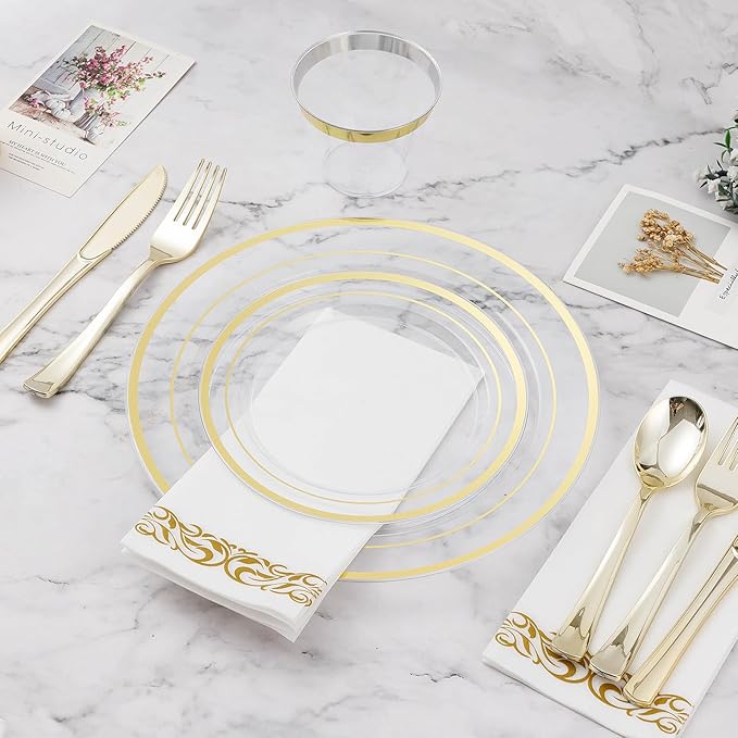 BESTVIP 700PCS Clear Gold Disposable Dinnerware Set for 100 Guests, Plastic Plates for Party, Wedding, Christmas, Halloween, Include: 200 Plastic Plates, 100 Gold Silverware, 100 Cups, 100 Napkins