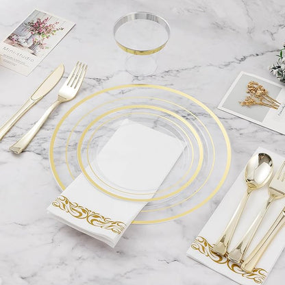 BESTVIP 350PCS Clear Gold Disposable Dinnerware Set for 50 Guests, Plastic Plates for Party, Wedding, Christmas, Halloween, Include: 100 Plastic Plates, 50 Gold Silverware, 50 Cups, 50 Napkins