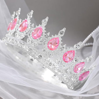 Pink Crown for Women Crystal Tiara and Queen Crown for Girl Wedding Headband for Bride Hair Accessories for Costume Birthday Party Cake Decoration Prom