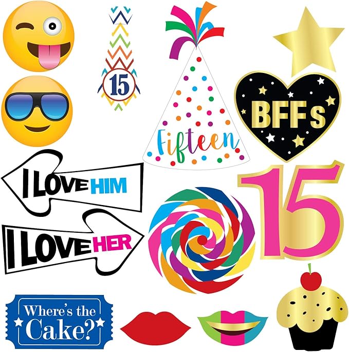 15th Birthday Photo Booth Party Props - 40 Pieces - Funny Kids Birthday Party Supplies, Decorations and Favors
