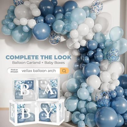 Baby Shower Boxes with Letters – White Boxes with White, Dusty Blue, Light Blue and Confetti Balloons – 44-Piece Gender Reveal & Party Decoration Set by Vellax