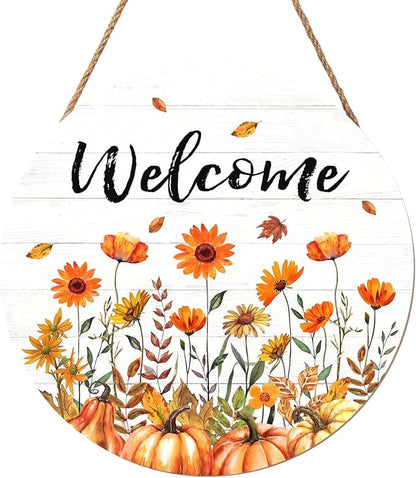 Fall Welcome Sign for Front Door Fall Floral Wooden Door Hanger 12x12 Inch Autumn Wreath for Outdoor Outside Porch Decor Farmhouse Flowers Welcome Hanging Sign for Home Wall Greeting Party
