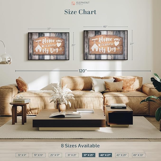 Elephant Stock Home Is Where My Dog Is Wall Art - Horizontal Floating Framed Canvas - 1-Piece Living Room Wall Decor - Pet Digital Art Canvas Print - Gray and Beige Decor for Wall - 37" X 25"
