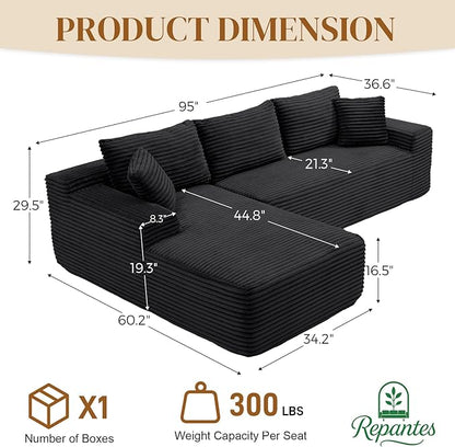95" L Shaped Boneless Sectional Couches, Wide Armrest, Deep Seat, Memory Foam, Assembly Free, Modern Comfy Corduroy Fluffy Cloud Sofa with Left Chaise for Living Room, Small Spaces, Black