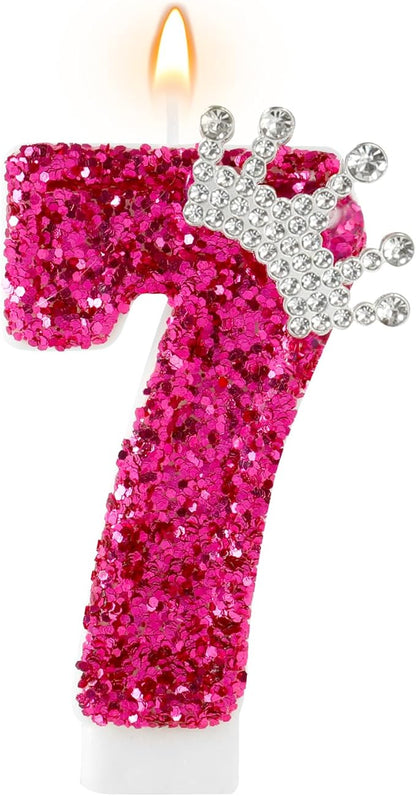 Hot Pink Birthday Candles Crown Number 7 Candle 7th Birthday Party Decorations Cake Topper Cupcake Decor for Anniversary Celebrations Supplies