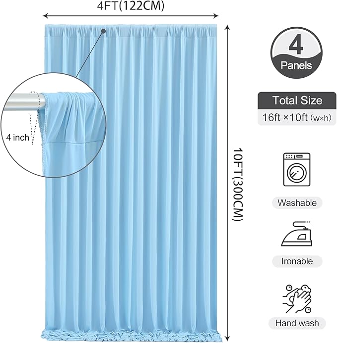 16 x 10ft Baby Blue Backdrop Curtain for Baby Shower Blue Photo Backdrop Curtains Wrinkle Free Drapes for Backdrop Soft Long Curtains for Backdrop Decoration Birthday Parties Wedding Baptism, 4 Panels