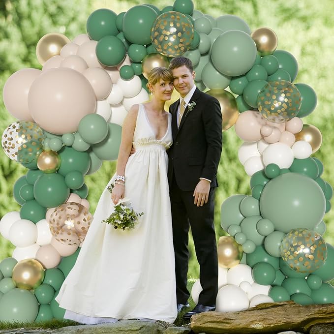 Ouddy Party Sage Green Balloons Arch Garland Kit, Different Sizes 18 12 10 5 inch Sage Green Gold Sand White Olive Latex Metallic Confetti Balloon for Baby Shower Safari Birthday Party Decorations