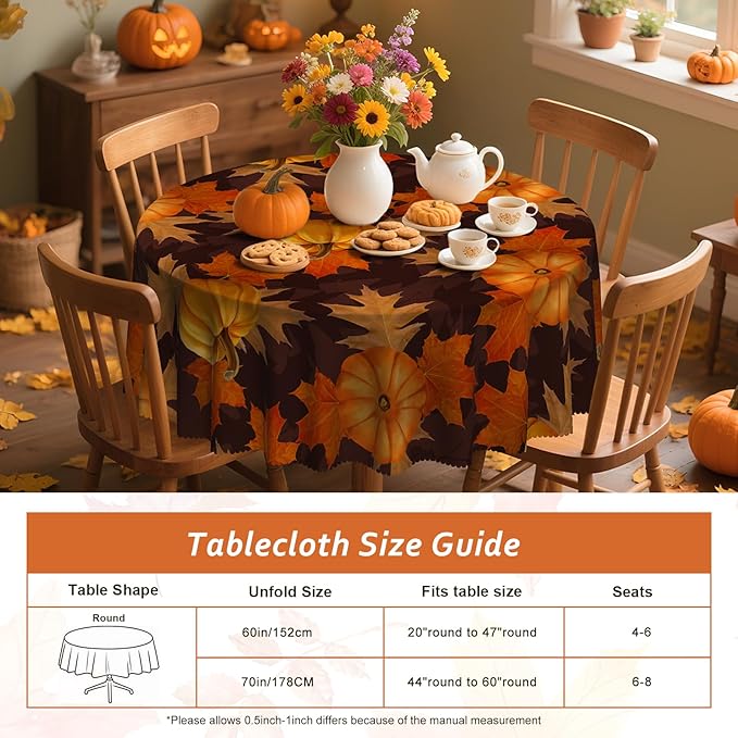 Eikione 70In Round Tablecloth, Pumpkin Table Cloth, Black Checkered Tablecloth Pumpkin Fall Tablecovers