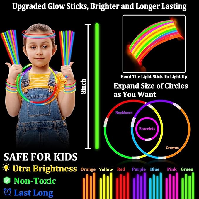 TURNMEON 360 Pack Ultra Bright New Year Eve Party Supplies Glow Sticks Bulk Party Pack Glow In The Dark Party Supplies Favors Glow Sticks Necklaces Bracelets with Connector 8" Glow stick Light Up