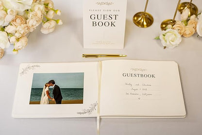 Floral Embossed Wedding Guest Book Set - 9 x 7.5 Hardcover Guestbook for Wedding Reception Sign in, Messages, Bridal Shower Engagement Party (White Cream)