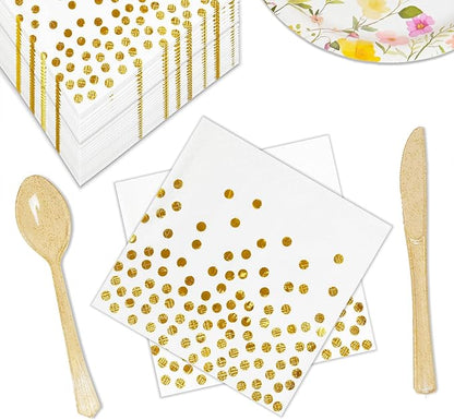 100 Pcs 6.5x6.5 Inch Disposable White Gold Paper Napkins for Cocktail