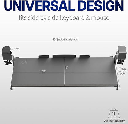 VIVO Small Keyboard Tray, Under Desk Pull Out with Extra Sturdy C Clamp Mount System, 20 (26 Including Clamps) x 11 inch Slide-Out Platform Drawer, Dark Walnut Top, Black Frame, MOUNT-KB05ES-D
