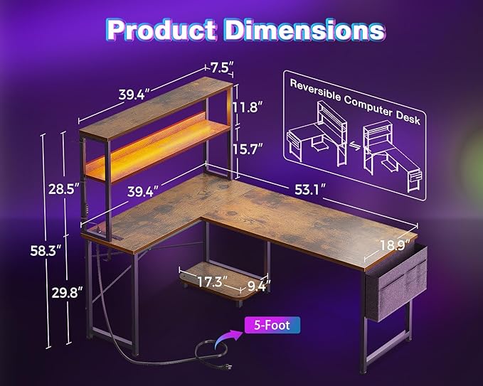 AODK L Shaped Desk Gaming Desk with LED Light & Power Outlet, 53 Inch Reversible L Shaped Computer Table with Shelf & Storage Bag & Hook for Home Office, Vintage